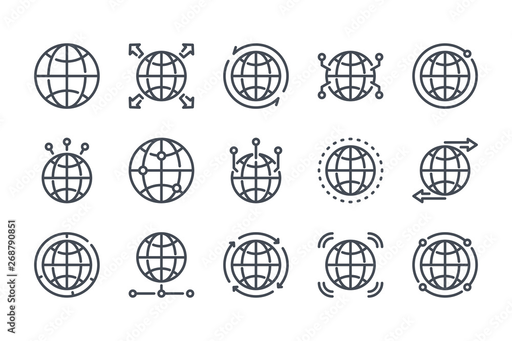 World map related line icon set. Globe linear icons. Earth and location outline vector sign collection. World map related line icon set. Globe linear icons. Earth and location outline vector sign collection.