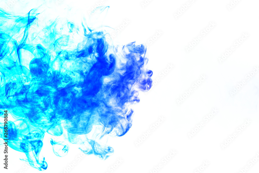 Fototapeta Colorful steam exhaled from the vape with a smooth transition of color molecules from turquoise to blue on a white background like a collision of two jets of smoke. Malicious virus and drug injection.