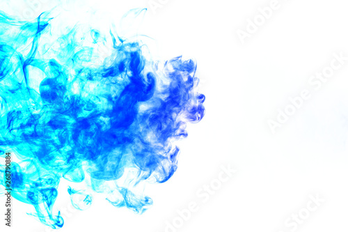 Colorful steam exhaled from the vape with a smooth transition of color molecules from turquoise to blue on a white background like a collision of two jets of smoke. Malicious virus and drug injection.