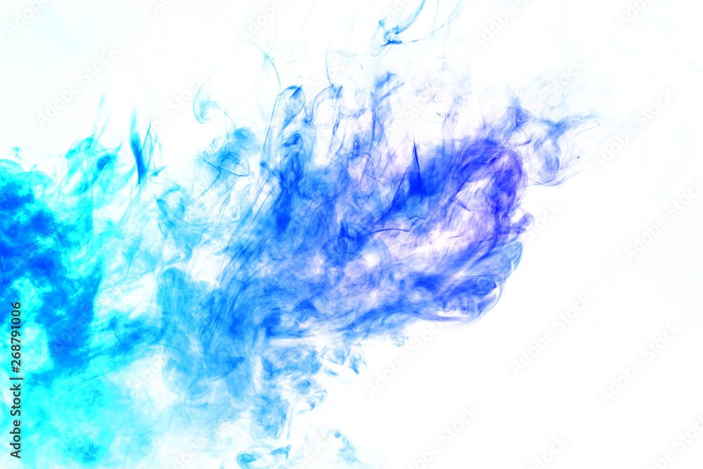 Colorful steam exhaled from the vape with a smooth transition of color molecules from turquoise to blue on a white background like a collision of two jets of smoke. Malicious virus and drug injection. Colorful steam exhaled from the vape with a smooth transition of color molecules from turquoise to blue on a white background like a collision of two jets of smoke. Malicious virus and drug injection.