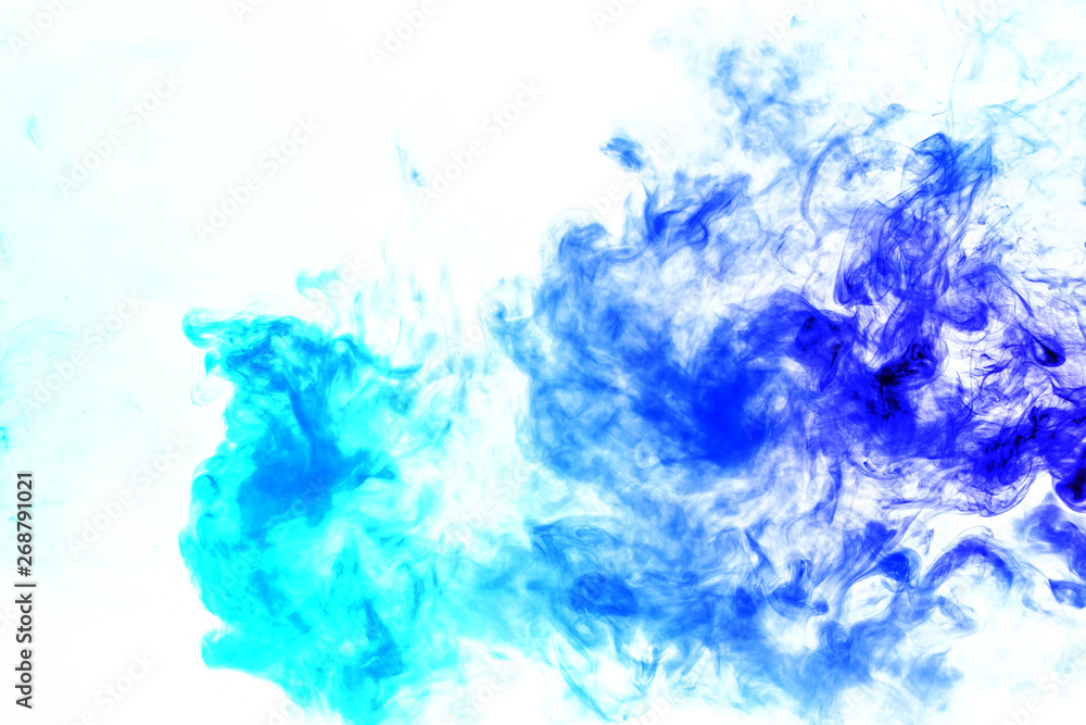 Colorful steam exhaled from the vape with a smooth transition of color molecules from turquoise to blue on a white background like a collision of two jets of smoke. Malicious virus and drug injection. Colorful steam exhaled from the vape with a smooth transition of color molecules from turquoise to blue on a white background like a collision of two jets of smoke. Malicious virus and drug injection.