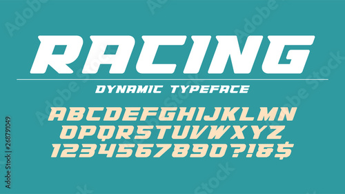 Racing display font design, alphabet, typeface, letters