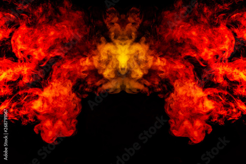 Smoke of different orange and red colors in the form of horror in the shape of the head, face and eye with wings on a black isolated background. Soul and ghost in mystical symbol © Aleksandr Kondratov