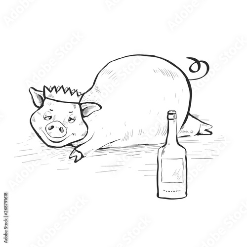 Drunk pig lies in a dirty puddle. On the head cap. Hand-drawn. Contour Line Drawing.