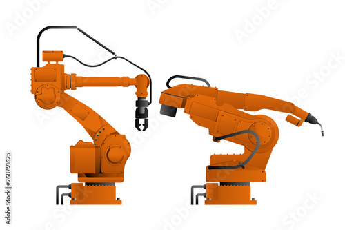 Set of assembly handling and welding robots isolated on white background. Vector illustration EPS 10.