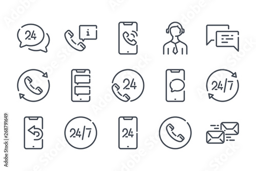 Support and call center related line icon set. Telemarketing and sales linear icons. Support services outline vector sign collection.