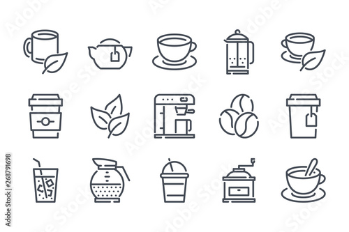Tea and coffee related line icon set. Coffee house linear icons. Coffee break outline vector sign collection.