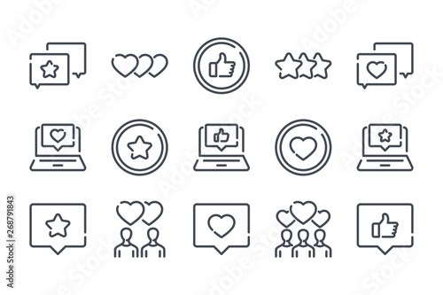 Testimonials related line icon set. Feedback linear icons. Review and  survey outline vector sign collection.