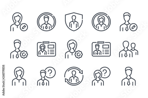 User profile related line icon set. Avatar settings linear icons. Profile services outline vector sign collection.