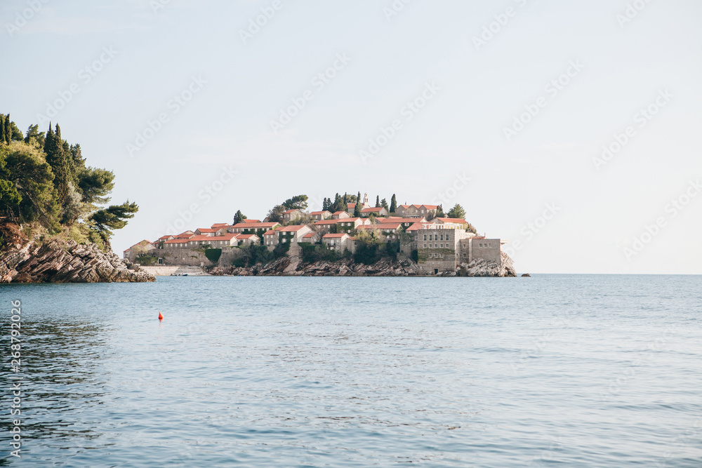 Beautiful view of the island of Sveti Stefan or Saint Stephen in Montenegro. One of the famous sights of Montenegro.