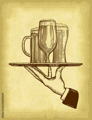 Waiter hand holding tray with beer glasses. Old paper texture background. Template for your design works. Engraved style hand drawn vector illustration.