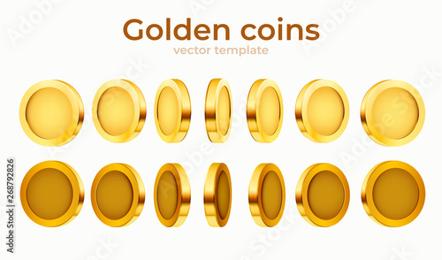 3d gold isolated coins set. Different positions. Flying gold coins, golden rain background. Jackpot or success concept.
