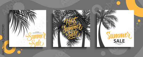 Summer Sale promotional cards set. Summertime seasonal special offer templates with hand lettering and palm trees for business, seasonal shopping, promotion and advertising.