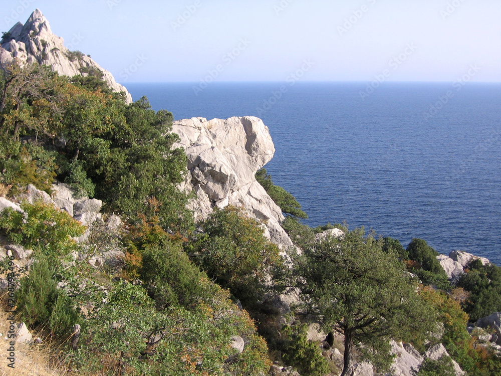 Mountain panoramic landscape with a high cliff on the horizon ocean sea view  the traveler in the mountains of Crimea