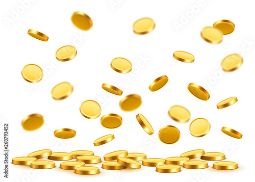 Falling coins, falling money, flying gold coins, golden rain. Jackpot or success concept. Modern background.