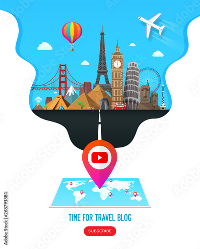Travel banner design with famous landmarks for popular travel video blog channel or tourism website. Online travel video blog. Vector illustration