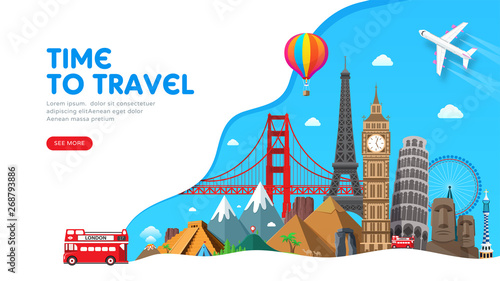 Travel banner design with famous landmarks for popular travel blog, landing page or tourism website. Minimal flat style. Vector illustration