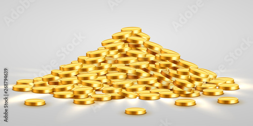 Gold shiny coins with star signs in heap. Big bunch of old metal money. Precious expensive treasure.