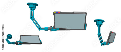 Robotic arm with futuristic monitor. 3d Vector illustration.