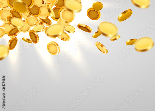 Falling coins, falling money, flying gold coins, golden rain. Jackpot or success concept. Modern background.