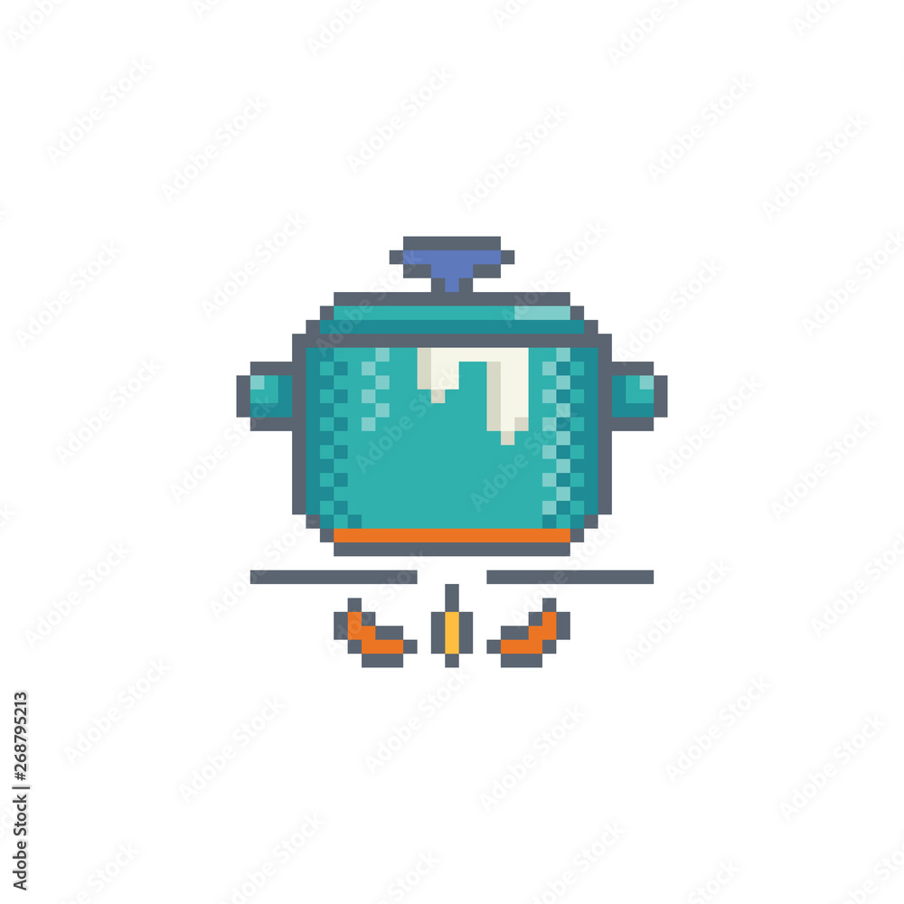 Pixel art pot icon. Kitchen utensils vector sign for web, mobile design and 8 bit games. Pixel art pot icon. Kitchen utensils vector sign for web, mobile design and 8 bit games.