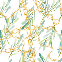 Foto auf Acrylglas Blumen- und Juwelenmuster Aquarell nahtlose Muster Olivenzweige und goldene Kette exotischer Sommerdruck  für Textilgewebe und Tapeten  © Anna