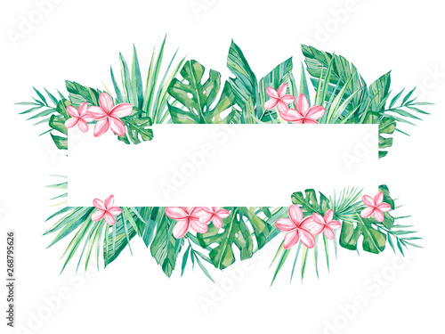 Watercolor banner tropical floral isolated on white background. Illustration for design wedding invitations, greeting cards. Spring or summer template leaves and flowers with space for your text