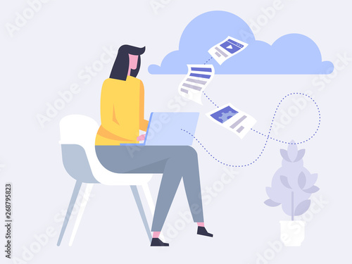 Cloud Backup. Man with laptop. Network cloud service.