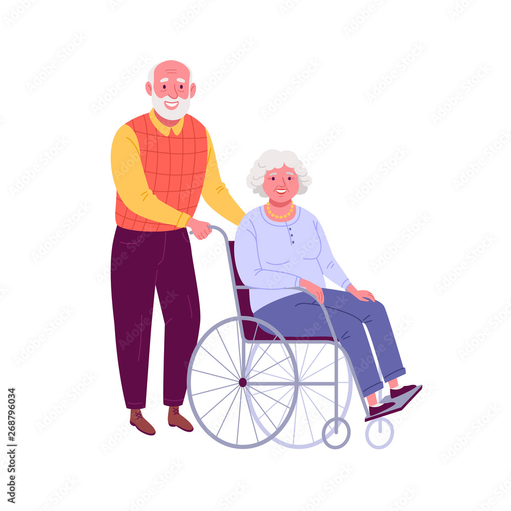 Happy seniors couple. Vector illustration of elderly man rolling a woman in the wheelchair. Isolated on white. Happy seniors couple. Vector illustration of elderly man rolling a woman in the wheelchair. Isolated on white.