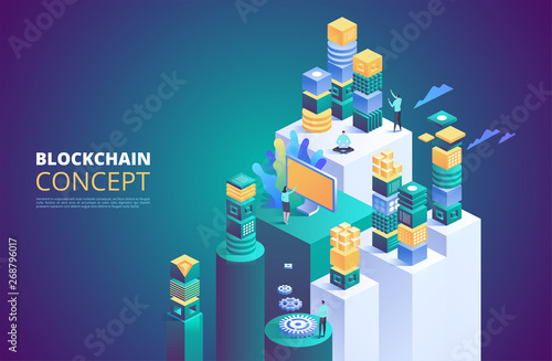 Blockchain concept. Isometric digital blocks. Crypto chain