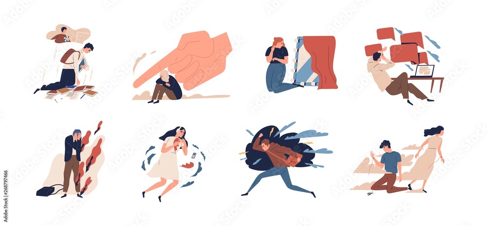 Collection of teens in stressful situations or teenager's psychological problems - depression, anxiety, stress at school, separation from parent, anger, despair. Flat cartoon vector illustration.