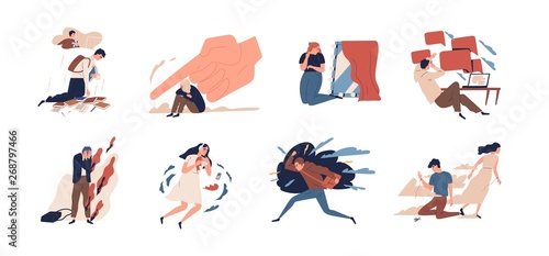 Collection of teens in stressful situations or teenager s psychological problems - depression  anxiety  stress at school  separation from parent  anger  despair. Flat cartoon vector illustration.