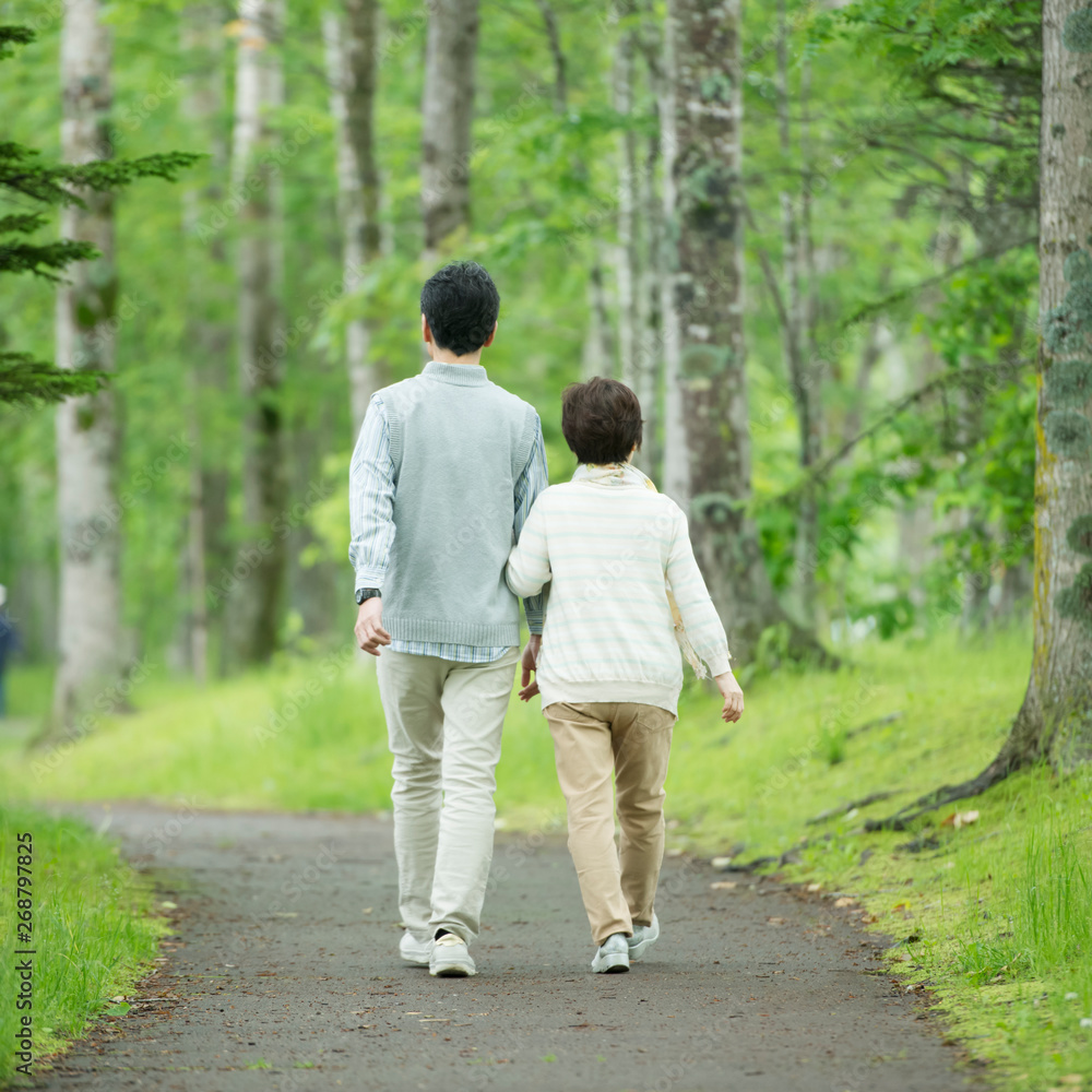 Fototapeta premium 一本道を歩くシニア夫婦の後姿