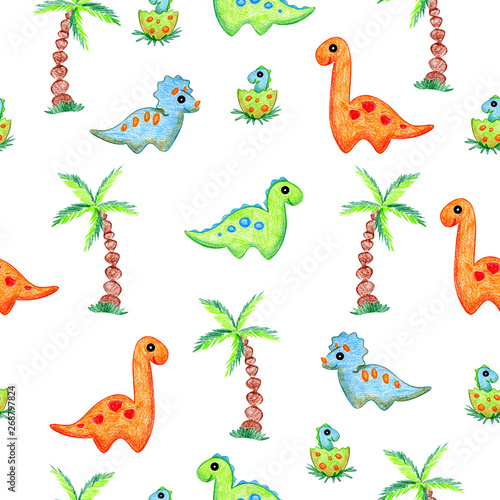 Dinosaurs cartoon for kids seamless pattern. Hand drawing. Design for fabrics  textiles  wallpaper for children s bedrooms.