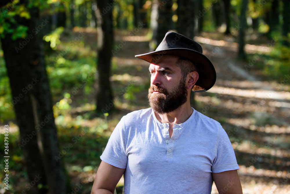 Cowboy style. man hipster relax in autumn forest. Spring sunny weather. camping and hiking. mature male with brutal look. Bearded man in cowboy hat walk in park outdoor. serious brutal hipster Cowboy style. man hipster relax in autumn forest. Spring sunny weather. camping and hiking. mature male with brutal look. Bearded man in cowboy hat walk in park outdoor. serious brutal hipster