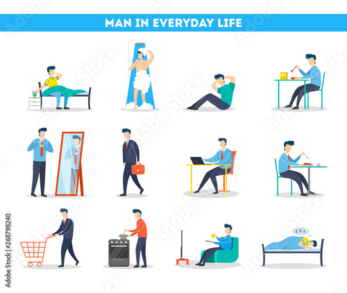 Daily routine of a man set. Having breakfast in the morning