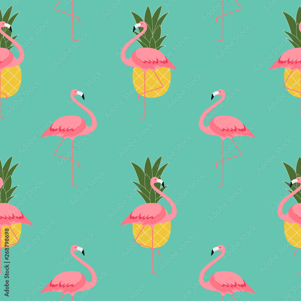 Fototapeta premium Colorful Pink Flamingo and Pineapple Seamless Pattern Background. Vector Illustration
