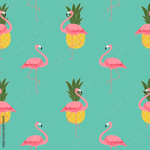 Colorful Pink Flamingo and Pineapple Seamless Pattern Background. Vector Illustration