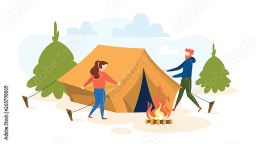 People standing at the camping tent