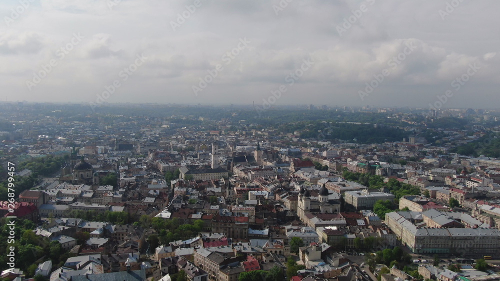 Panorama of the ancient city. The roofs of old buildings. Ukraine Lviv Dominican Church. Streets Arial LVOV, UKRAINE.