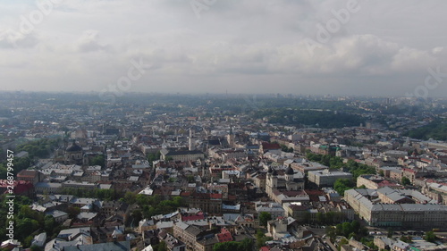 Panorama of the ancient city. The roofs of old buildings. Ukraine Lviv Dominican Church. Streets Arial LVOV, UKRAINE.