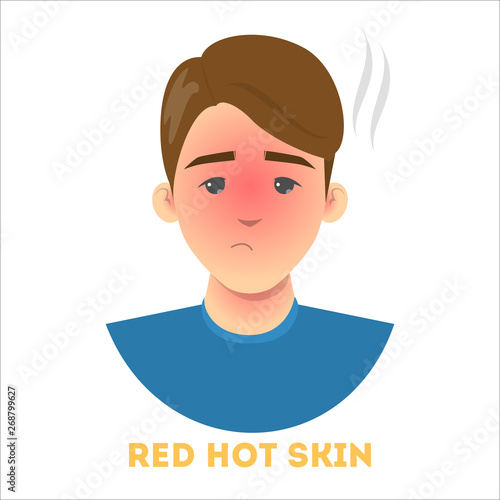 Red hot skin as a symptom of a sunburn. Exhausted man