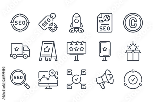 Brand project related line icon set. Corporate brand style and SEO vector linear icons.