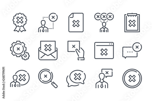 Cancellation related line icon set. Negative result linear icon collection. Decline and cancel vector icons.