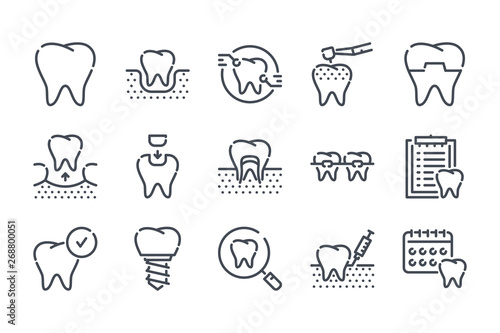 Dentistry related line icon set. Dentist and stomatology vector lined icon collection.