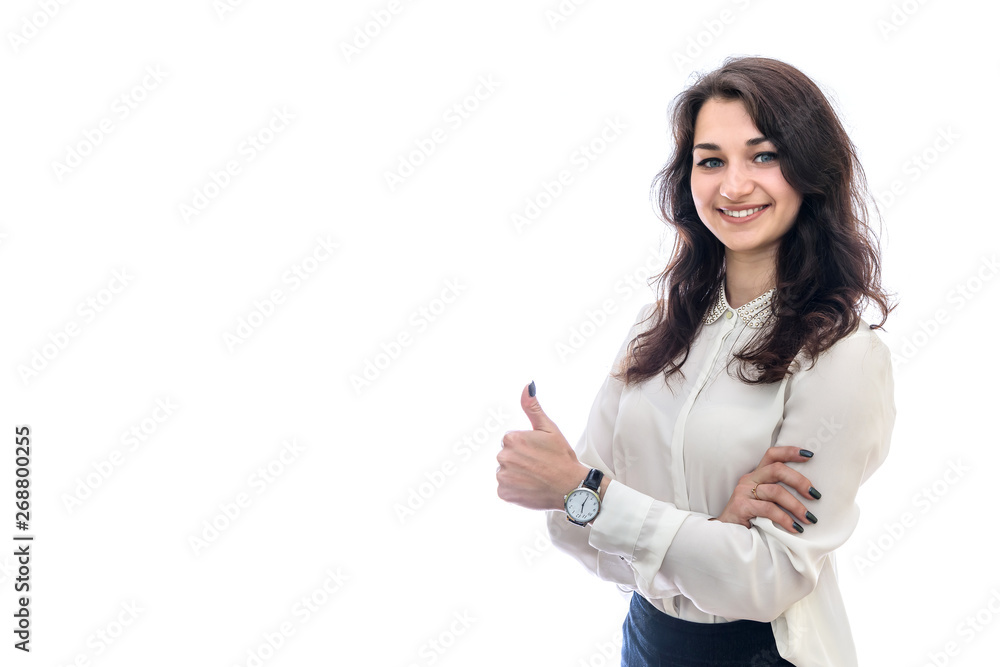 Woman with crossed hands posing on white background Woman with crossed hands posing on white background