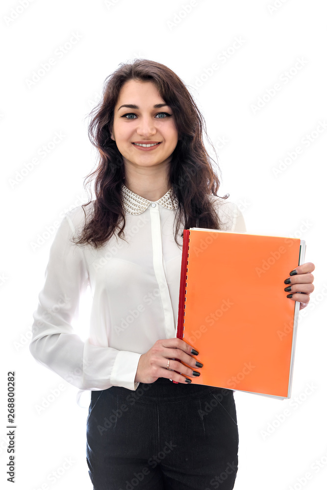 Woman holding different folders isolated on white Woman holding different folders isolated on white