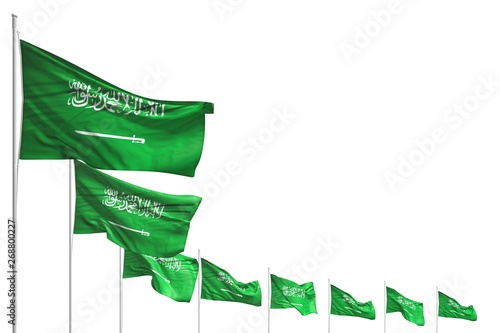 Schilderij op canvas cute many Saudi Arabia flags placed diagonal isolated on white with place for content - any occasion flag 3d illustration