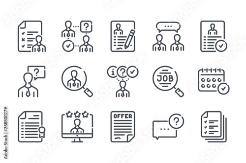 Interview related line icon set. Job offer and employment vector linear icon collection.