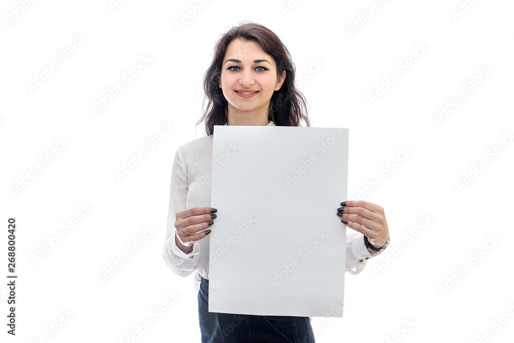 Woman with sheet of paper isolated on white Woman with sheet of paper isolated on white